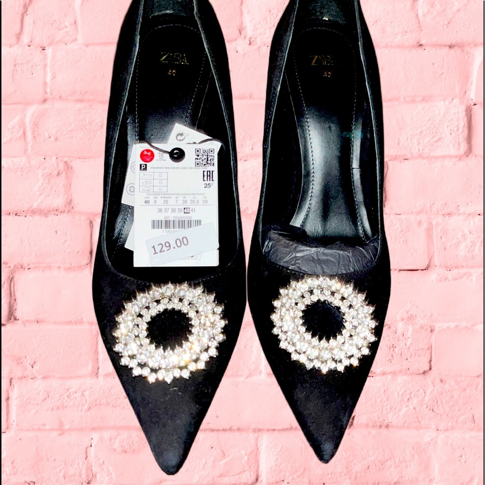 NWT!!! Zara Black Suede Stilettos Rhinestone embellished